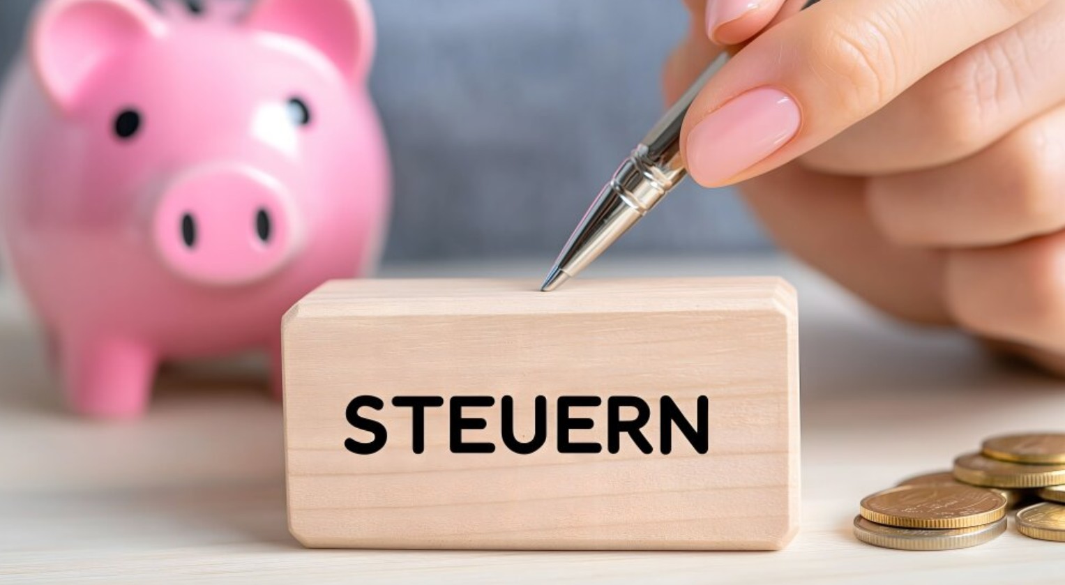Sparschwein mit Münzen und dem Schriftzug Steuern